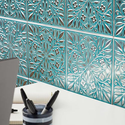 Peel and Stick Metal Tiles, Teal & Silver Leaves, 10-Pack | 8 x 8 in tile size; Covers up to 4.44 sq ft; Aluminum; Water-resistant surface; For kitchens, ceilings, DIY projects - style: Teal and Silver Leaves