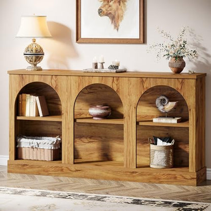 Tribesigns Console Table with Storage, 63" Long Arched Entryway Table | 3 Tier Wooden Farmhouse Sofa Table Behind The Couch for Entrance, Hallway, Foyer, Living Room, Natural Wood - color: Natural Wood