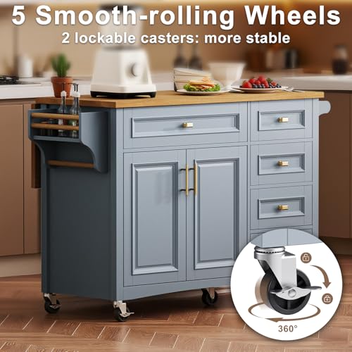 52" Kitchen Island with Storage, Wheels & Drop Leaf, Adjustable Shelf | Oak Top, White Retro Kitchen Cart on Casters, 2 Cabinets, 5 Drawers, Spice Rack, Towel Bar, Durable, Easy Assembly - color: Dusty Blue