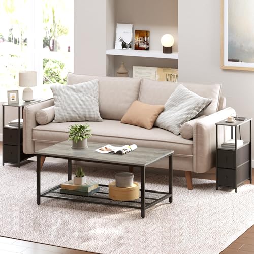 TUTOTAK Narrow End Table with Charging Station, Skinny Side Table | Bedside Table with Outlets, Nightstand with 2 Cloth Drawers, Couch Table for Living Room, Bedroom, Greige TB01BG055 - color: Greige, style: 2 Drawers & Plug