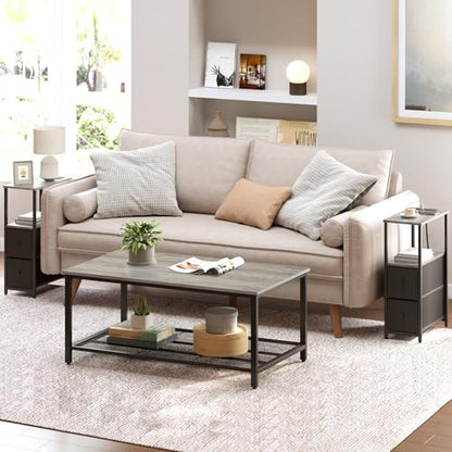 TUTOTAK Narrow End Table with Charging Station, Skinny Side Table | Bedside Table with Outlets, Nightstand with 2 Cloth Drawers, Couch Table for Living Room, Bedroom, Greige TB01BG055 - color: Greige, style: 2 Drawers & Plug