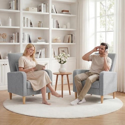 COLAMY Mid-Century Modern Accent Chair, Fabric Upholstered Living Room Chair with Back Pillow & Solid Wood Legs, Comfy Armchair for Living Room, Bedroom, Single Sofa, Grey - color: Grey, size: Set of 1