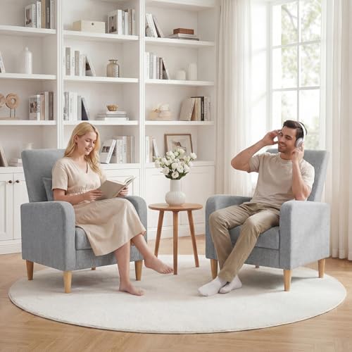 COLAMY Mid-Century Modern Accent Chairs Set of 2, Fabric Upholstered Living Room Chairs with Back Pillow & Solid Wood Legs, Comfy Armchair for Living Room, Bedroom, Single Sofa, Grey - color: Grey, size: Set of 2