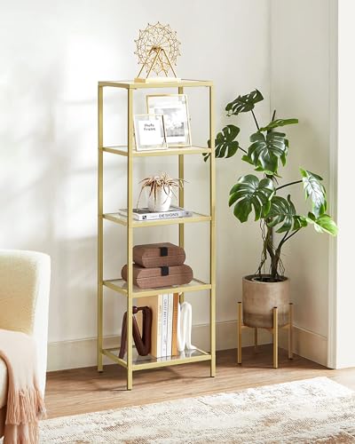 VASAGLE Bookcase, 5-Tier Bookshelf, Slim Shelving Unit for Bedroom, Bathroom, Home Office, Tempered Glass, Steel Frame, Metallic Gold ULGT029A01 - color: Metallic Gold, size: 5 Tiers (15.7"W x 49"H)