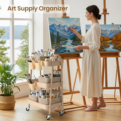 3-Tier Rolling Utility Cart with 4 Woven Baskets, Diaper Book Snack Cart, Storage Organizer for Nursery, Kitchen, Craft Room, Home SPA, Living Room, Metal Frame Trolley on Lockable Wheels, Brown - color: Brown