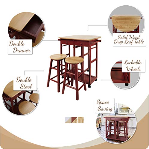 Casual Home Drop Leaf Breakfast Cart with 2 Stools-Red - color: Natural&red