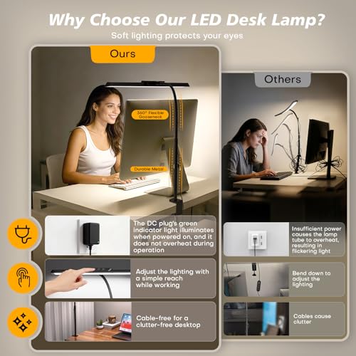 LED Desk Lamp with Clamp, Stepless Dimming Flicker-Free for Home Office | Architect Lamp, DC Adapter, 25 Modes, 12.8in Flexible Gooseneck, Eye-Friendly for Workbench & Reading - color: Black