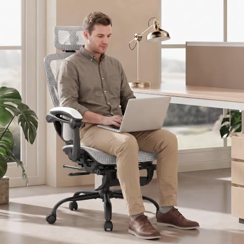 MALOL Ergonomic Mesh Office Chair with Footrest, Executive High Back Computer Desk Chair with 3D Adjustable Headrest & 5-Level Lumbar Support, Track Armrest, Tilt Lock, 300LBS, White - color: White