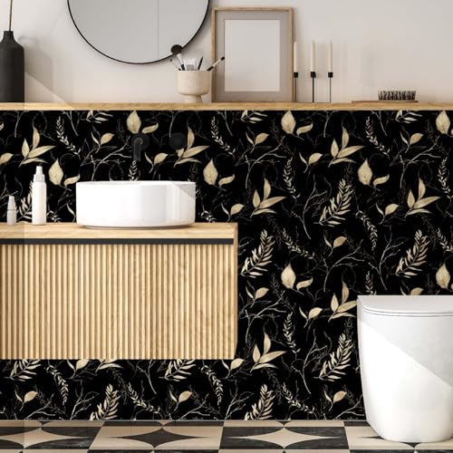 Dark Black and Gold Leaf Peel and Stick Wallpaper 17.7" x 59" | Self-adhesive removable waterproof leaf design for bedroom accent walls and renter friendly spaces - color: Black&Gold, size: 17.7" x 59"