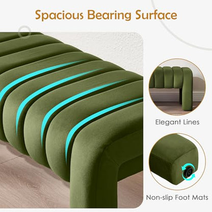 43.3” Dining Room Bench, Olive Green Tufted Upholstered End of Bed Bench, Modern Entryway Ottoman Window Seat with Solid Wood Legs and Padded Seat for Bedroom, Hallway and Living Room (Velvet) - color: Olive Green Velvet, size: 43.3"