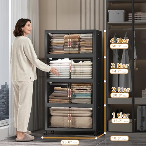 Stackable Storage Bins, 896QT Collapsible Drawers with 2 Lids | Large Capacity, Magnetic Door, Stack Lock, Rolling Wheels, Foldable Design, Organizers and Storage for Bedroom Dorm Garage - color: Dark-112QT, size: 8Pack with 2 top lids