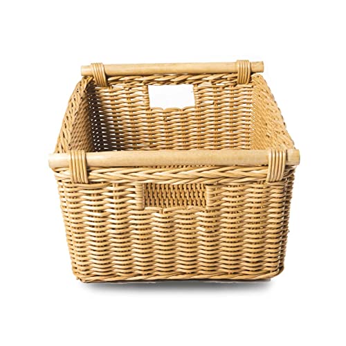 The Basket Lady Pole Handle Wicker Storage Basket, S, Sandstone | Outside: 14" L x 10" W x 7.5" H | Inside: 12"L x 8.5"W x 7"H - Handcrafted by artisans from natural rattan - color: Sandstone, size: Small