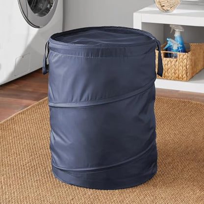 Pop-up Laundry Hamper, Navy Blue, Polyester Taffeta with Spiral Steel Frame, Foldable with Zippered Lid