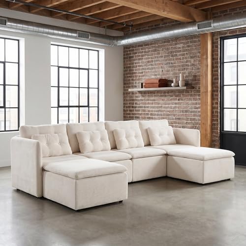 HNY 110" Modern U-Shaped Sectional Sofa, Beige | 4-Seat Button Tufted Modular Couch, Chenille Fabric With Pillow & Ottoman, Comfortable Deep Seat for Living Room, Apartment - color: Beige, size: 4 Seater-U Shape