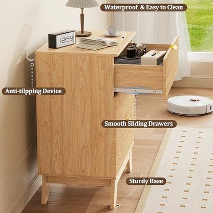 Fluted Nightstand with 3 Large Drawers, Wooden Side End Table with Elevated Legs for Easy Cleaning, Sturdy Modern Beside Table for Small Space, Bedroom, Oak, 24" L - color: Natural Oak