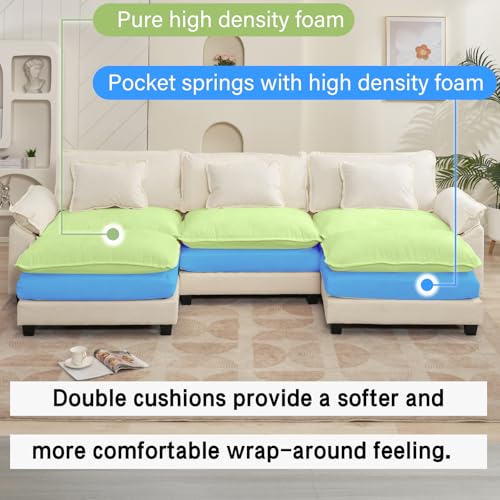 120" Modular Sectional Sofa, Comfy Deep Cloud Couch with Ottoman | U-Shaped Couches for Living Room, Modular Couch, Deep and Wide Seat, Chenille Sofa Sleeper with Throw Pillows, Beige White - color: Beige White, size: 120 Inch U