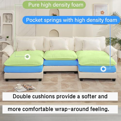 120" Modular Sectional Sofa, Comfy Deep Cloud Couch with Ottoman | U-Shaped Couches for Living Room, Modular Couch, Deep and Wide Seat, Chenille Sofa Sleeper with Throw Pillows, Beige White - color: Beige White, size: 120 Inch U