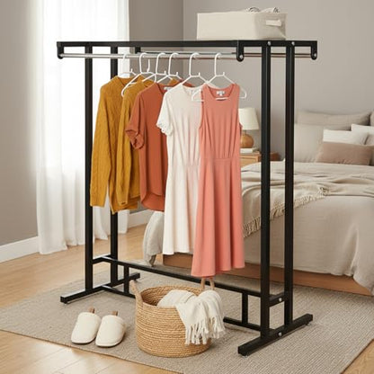 MyGift Black Double Rod Garment Rack with Shelf Freestanding Clothing Stand | Keep clothing organized with a heavy-duty double-rod rack featuring a built-in shelf for shoes, accessories, and essentials - color: Black