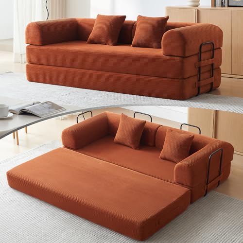 79" Convertible Sofa Bed, Boneless Couch for Living Room (Orange) | Corduroy Boneless Loveseat Sleeper Sofa, Modular Futon Couch with 2 pillow, Pull Out Couch No Assembly - color: Orange, size: 79"Convertible Sofa Bed