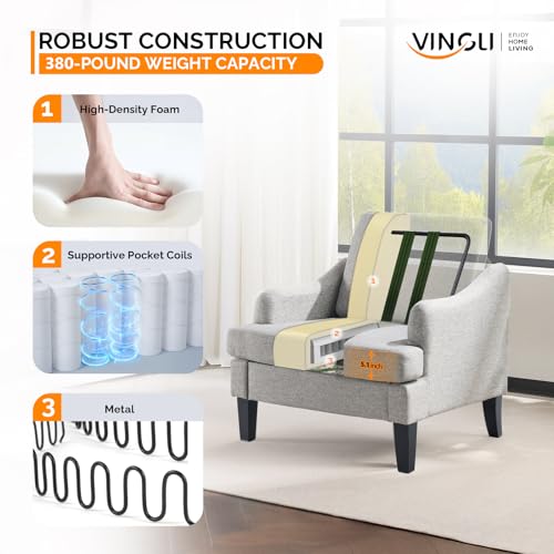 VINGLI Linen Fabric Accent Chair Grey, Modern Upholstered Armchair, Comfy Sofa Chair Living Room Bedroom Furniture for Apartment - color: Grey