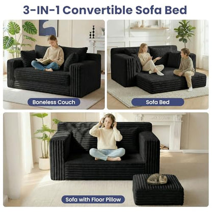 3-in-1 Convertible Sofa Bed: Boneless Loveseat Sleeper & Folding Couch Bed with 4 Pillows & Detachable Cushion,Furry Futon Couch for Bedroom,Apartment,Office and Living Room, No Assembly,Black - color: D-black, size: Loveseat Sofa