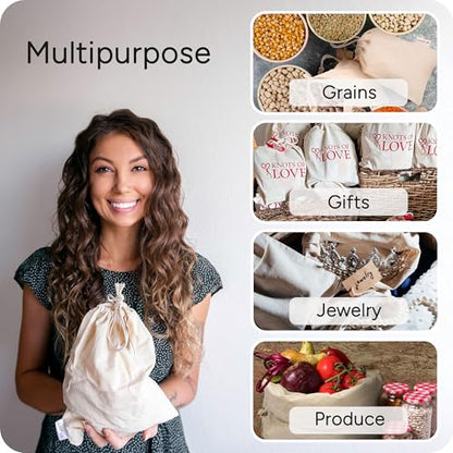 Organic Cotton Reusable Produce Bags - Small 5x7 (12 Pack) - Biodegradable Eco-Friendly Bulk Bin Sacks for Food - Cloth Bags with Drawstrings - Linen Pouch for Fruit, Vegetable Storage - size: Small 5x7" (12 Pack)
