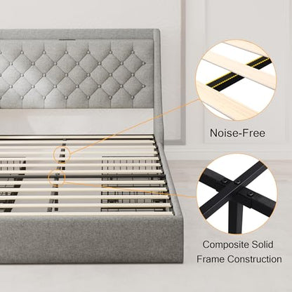Einhomn Queen Bed Frame with 4 Storage Drawers, Upholstered Bed Frame with Large Wingback Headboard, Charging Station, No Box Spring Needed, Light Grey - color: Light Gray, size: Queen