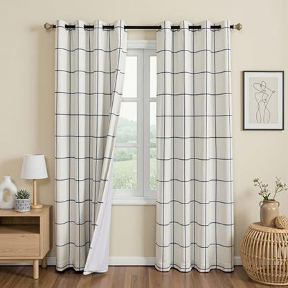 MYSKY HOME 100% Blackout Navy Blue Plaid Linen Farmhouse Curtains 84 Inches Long 2 Panels Set Double Layer Thermal Insulated Checkered Patterned Drapes for Living Room Bedroom, W52 Each Panel - color: Navy Blue, size: 52"W x 84"L (Pack of 2)