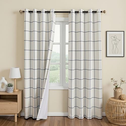 MYSKY HOME 100% Blackout Navy Blue Plaid Linen Farmhouse Curtains 84 Inches Long 2 Panels Set Double Layer Thermal Insulated Checkered Patterned Drapes for Living Room Bedroom, W52 Each Panel - color: Navy Blue, size: 52"W x 84"L (Pack of 2)