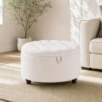 30" Round Storage Ottoman Coffee Table, Tufted Lid & Wood Top, Beige | Nailhead Trim Solid Wood Legs Extra Large Footrest Linen-Like Fabric - color: Beige