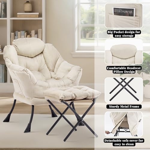 Lazy Chair with Ottoman, Comfy Reading Chair, Beige | Cushioned Seat with Foldable Ottoman and Side Pocket, Lounge Chair for Bedroom, Living Room, Dorm and Small Spaces - color: Cream