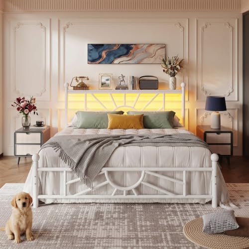 Homkdom Full Metal Bed Frame with Victorian Headboard & Storage Shelf | Under-Bed Storage for Teens Room & Apartments, Slip Resistant, LED lights, No Box Spring Needed, 1300lbs stability, Black - color: White, size: Full