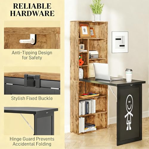 Foldable Wall Mounted Desk with Storage Shelves & Blackboard, Fold-Out Convertible Writing Table for Small Spaces | Space-Saving Floating Computer Desk for Home Office (Brown) - color: Brown