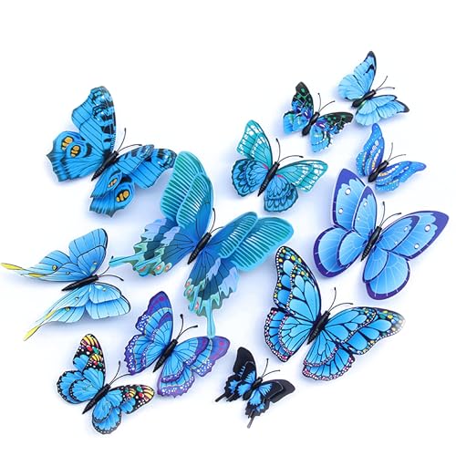 OPSEAM 3D Butterfly Wall Decor Butterfly Decorations Stickers with Magnets | 24 PCS Blue,12 Styles Double Layer Butterfly for Classroom Decoration,Locker Refrigerator, Reusable,Waterproof - color: Blue