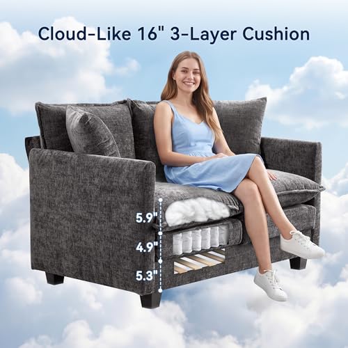 Loveseat Sofa Couch 2 Piece Set, Small Compact 50" Love Seat 27" Deep Cloud Sofa Set Washable Chenille Pillow Living Room Set for Apartment Office 50-Grey-2+2-1 - color: Grey, size: 50"+50"