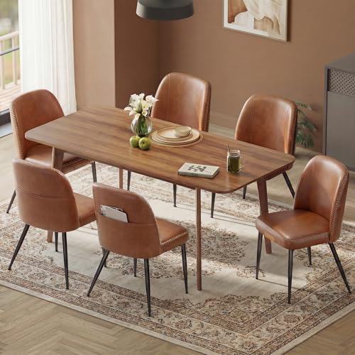 VASAGLE EKHO Collection - Dining Chairs Set of 6, Upholstered Kitchen Chairs, Comfortable Seat, Synthetic Leather with Stitching, Mid-Century Modern, Easy Assembly, with Storage Pocket, Caramel Brown - color: Caramel Brown, size: Set of 6, style: With Sto