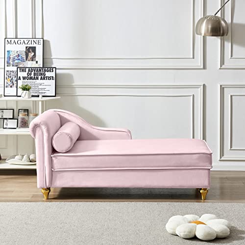 60.6" Modern Storage Chaise Lounge Indoor,Velvet Upholstery Sofa Chair with1 Toss Pillows,Upholstery Lounge Sofa with Gold Metal Legs for Small Apartment,Living Room,Office,Reception Area,Pink - color: Pink