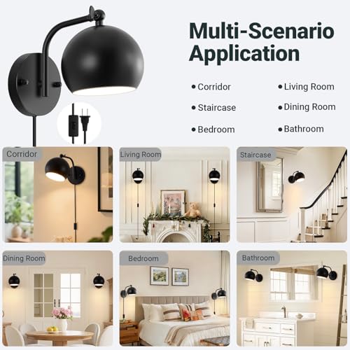 Plug in Wall Sconces Set of 2, Adjustable Angle Black Wall Lights with Plug in Cord & On/Off Switch, Bedside Wall Mount Lamps with Globe Shade for Bedroom Living Room Bathroom (2 Bulbs Included)