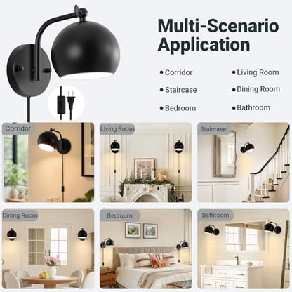 Plug in Wall Sconces Set of 2, Adjustable Angle Black Wall Lights with Plug in Cord & On/Off Switch, Bedside Wall Mount Lamps with Globe Shade for Bedroom Living Room Bathroom (2 Bulbs Included)