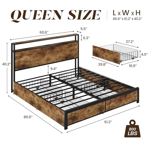 Lifezone Queen Bed Frame with 2-Tier Storage Headboard, Metal Platform Bed Frame with 4 Storage Drawers, Built in Charging Station & LED, Noise-Free/Metal Support/No Box Spring Needed,Rustic Brown