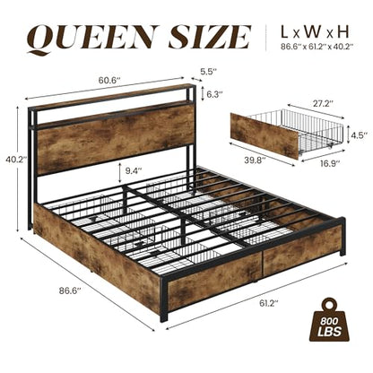 Lifezone Queen Bed Frame with 2-Tier Storage Headboard, Metal Platform Bed Frame with 4 Storage Drawers, Built in Charging Station & LED, Noise-Free/Metal Support/No Box Spring Needed,Rustic Brown