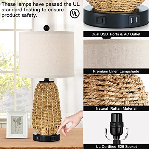CINSARY Touch Control Rattan Table Lamp, 3 Way Dimmable Bedside Lamp for Bedroom with 2 USB Ports and AC Outlet, Nightstand Lamps for Living Room(LED Bulbs Included), Grass-1PK - color: Grass-1PK