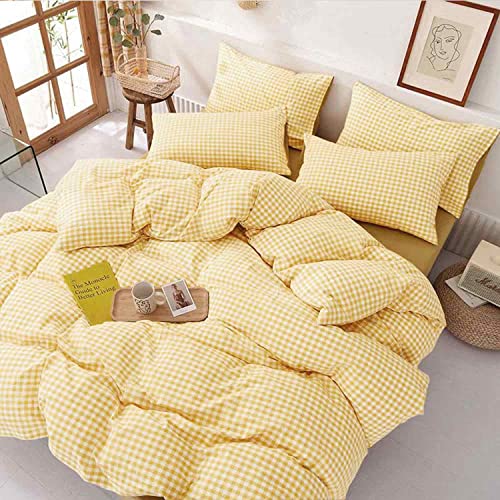 Yellow Grid Queen Size Duvet Cover Set 3 Piece, 90x90 Inch | Gingham Buffalo Check Geometric Pattern Microfiber Bed Comforter Cover Set, Soft & Lightweight Plaid Bedding Quilt Cover - color: Yellow Grid, size: Queen
