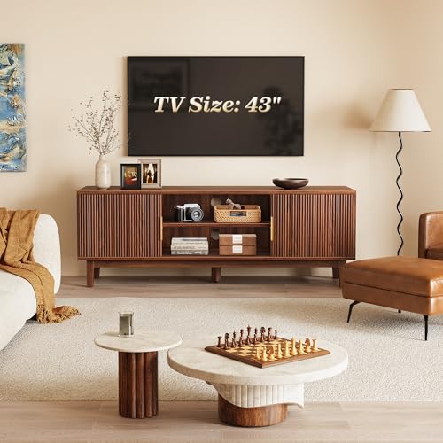 54 Inch Fluted TV Stand for TVs Up to 55, 60 Inch, Mid Century Modern Entertainment Center with Storage, TV Console with Adjustable Shelves, Midea Console for Living Room Bedroom, Brown - color: Walnut