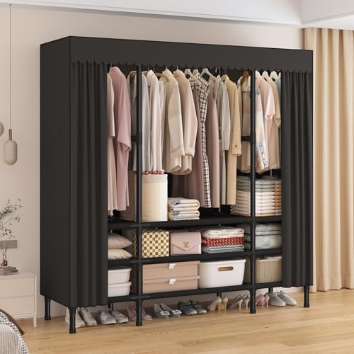 Portable Closet with Cover 55.1"x17.7"x65.7" Wardrobe Closet Black | Portable Closet for Hanging Clothes, Fabric Cover and Hanging Rod, Portable Wardrobe Storage for Bedroom or Dorm Use - color: Black-a, size: 55.1" L