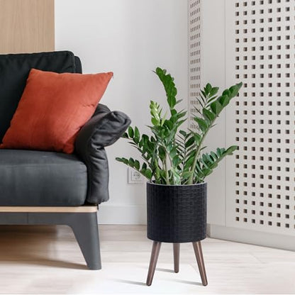 D'vine Dev Planter Pot with Wood Stand, 10 in, Matte Black, 88-Z-B-2 | Mid-Century Modern Style, Elevated Plant Display, Drainage Hole and Plug, Functional & Stylish, Modern Indoor Planter - color: Matte Black, size: Medium