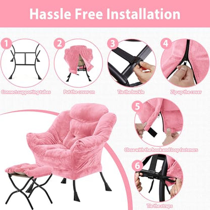 Youtanic Lazy Chair with Folding Ottoman, Accent Chair Plush Upholstered with Metal Structure and Non-Slip Pads, Sofa Armchair with Footrest and Side Storage Bag for Dorm, Room, Office, Pink - color: Plush Pink-f