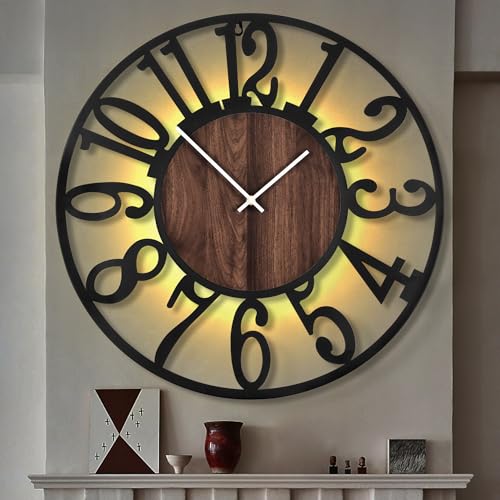 LEIKE Large LED Wall Clocks,Silent,Non Ticking,Battery Operated Rustic Round Modern Big Wood Wall Clock for Living Room, Bedroom,Kitchen,Farmhouse,Office,Home Decor -32" Black,LED,Arabic Number - color: Led-black Wood-arabic Number, size: 32 IN