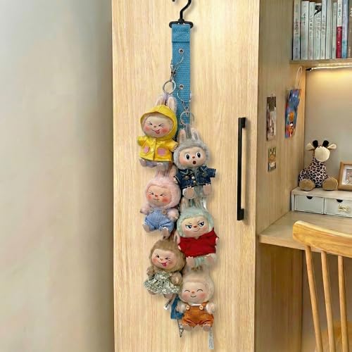 Plush Doll Hanging Storage Rope Display Rack with 8 Clips – Wall Hanging Organizer for Keychain Plushies, Mini Toys– Holds up to 3kg (Blue) - color: Blue