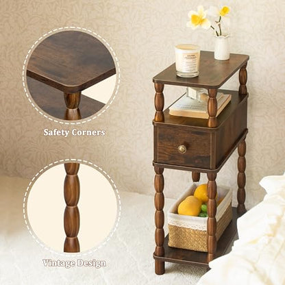 MaxSmeo Narrow Nightstand with Drawer, Narrow End Table with Storage, Skinny Small Side Table Living Room for Small Spaces, Bedroom (Rustic Brown) - color: Rustic Brown